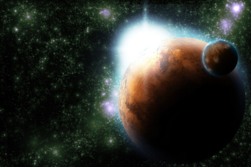 Wall Mural - abstract planet with sun flare in deep space - star nebula again