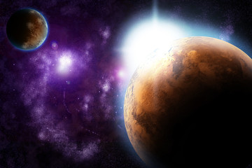 Wall Mural - abstract planet with sun flare in deep space - star nebula again