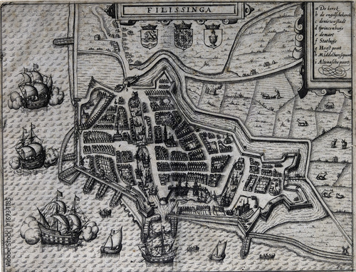 Obraz na płótnie canvas czteroczęściowy "tetraptyk" Stara mapa Vlissingen, Holandia, 17 wieku