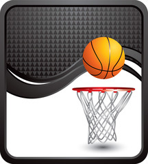 Wall Mural - Basketball and hoop on black checkered wave background