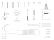 Black and white line illustration of furniture assembly kit