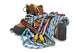 climbing and hiking gear - carabiners, ropes and boots