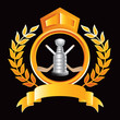 Ice hockey trophy and sticks on gold royal crest