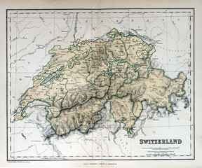 Fototapete - Old map of Switzerland, 1870. Schweiz, la Suisse