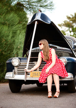 Girl In Red With Vintage Car