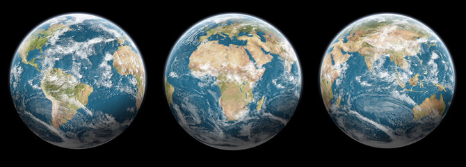 Leinwandbilder - Set of 3 globes planet earth - black background