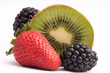Kiwi, strawberry and blackberry on awhite background