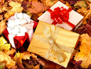 Wall Mural - Autumn still life with group gift box. Outdoor.