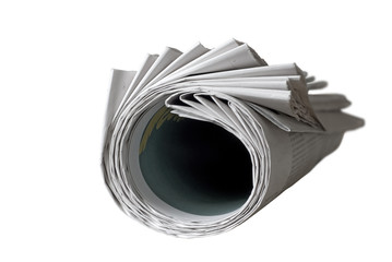 rolled up newspaper, free copy space, isolated