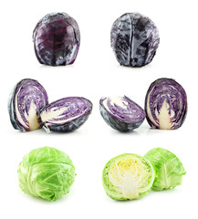 Wall Mural - Set of Ripe Green and Blue Cabbage Isolated on White