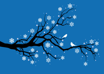 Wall Mural - winter tree with snowflakes and birds, vector