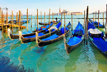Gondolas At The Piazza San Marco, Venice, Italy.