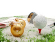 canvas print picture - golf ball, schläger, handschuhe und weihnachtskugeln auf gras mit schnee freigestellt auf weißem hintergrund