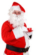 © digieye - Santa Claus with coffee cup, Christmas Santa in traditional costume drink coffee on white background