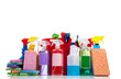 Various cleaning supplies on a white background