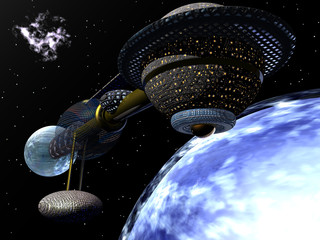 spaceship orbiting blue planet