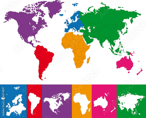 Color map of the World with continent borders Poster Mural XXL