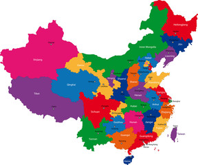 Wall Mural - Colorful administrative divisions of China with capital cities