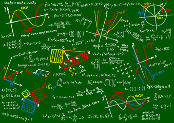Green blackboard with mathematics sketches - vector illustration