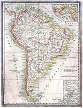 Original Antique Map Of South America, Line Colored, Dated 1889.