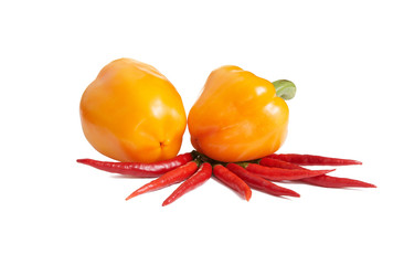 Little red peppers with two yellow on a white