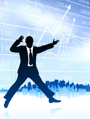 excited businessman with skyline and graph on internet backgroun