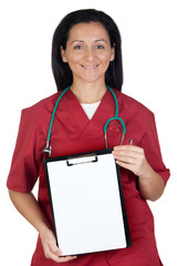 Wall Mural - Happy doctor woman with clipboard in blank