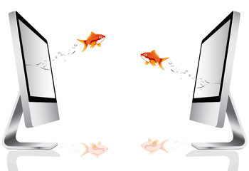 goldfish jumping out of a computer