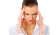 © ASDF - Young woman suffering a headache over white background.