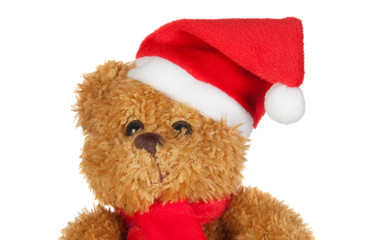 Beautiful teddy bear with scarf and Christmas hat