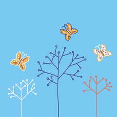 Wall Mural - Flowers card with butterflies in the sky