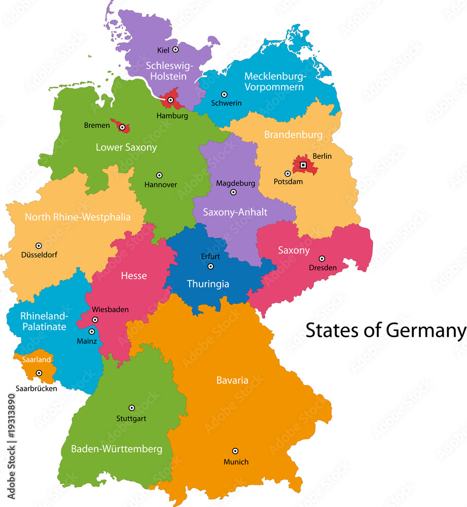 Colorful Germany map with regions and main cities Stock Vector | Adobe ...