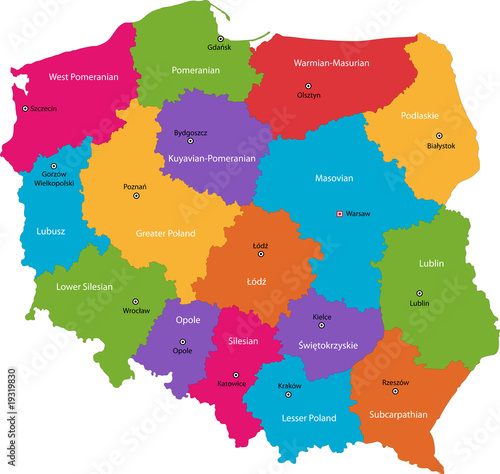 Naklejka - mata magnetyczna na lodówkę Vector color map of administrative divisions of Poland