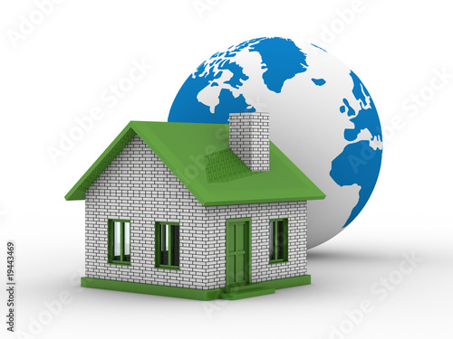 Small house and globe on  white background. Isolated 3D image