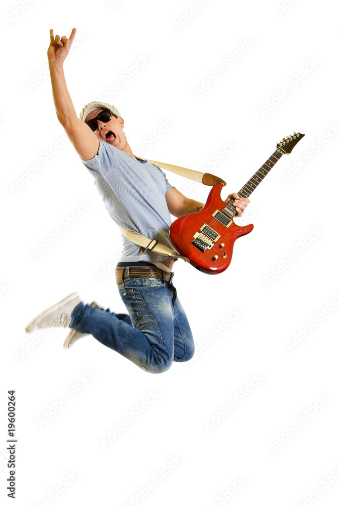Passionate guitarist jumps isolated on white - obrazy, fototapety, plakaty 