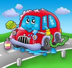 Wall Mural - Cartoon car wash on road