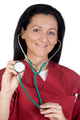 Wall Mural - Happy doctor woman listening with focus in stethoscope