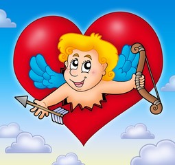 Canvas Print - Cupid lurking from heart on sky