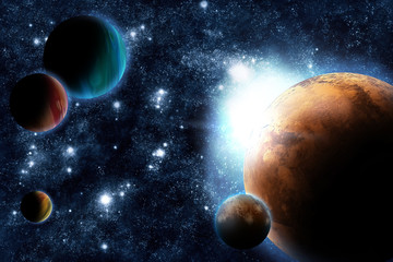 Wall Mural - abstract planet with sun flare in deep space - star nebula again