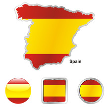 Vector Flag Of Spain In Map And Web Buttons Shapes