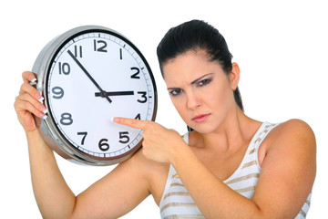 Angry Woman Pointing To Clock