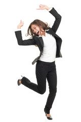 Wall Mural - ecstatic businesswoman in suit dancing