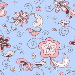 Wall Mural - Birds Floral Seamless Pattern Red Pink and Blue