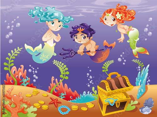 Naklejka - mata magnetyczna na lodówkę Baby Sirens and Baby Triton. Vector illustration.