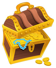 Golden Coffer With Treasure. Vector And Cartoon Isolated Object.