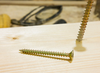 Two wood screw on plank