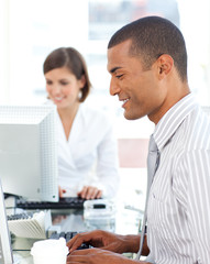 Wall Mural - Two positive colleagues working at a their computer