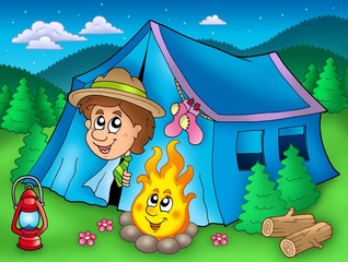 Poster - Cartoon scout boy in tent