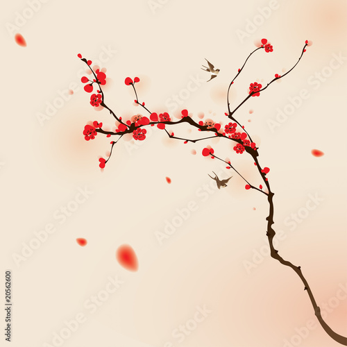 Naklejka - mata magnetyczna na lodówkę oriental style painting, plum blossom in spring