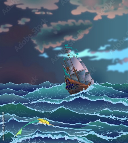 Foto-Plissee - Sailboat during storm in ocean. Fairy tale. (von Regisser.com)
